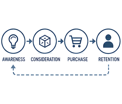 Customer Journey von Awareness über Consideration und Purchase bis Retention